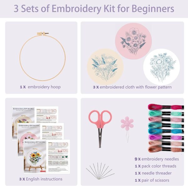 3 Piece Cross Stitch Set with Flower Patterns - Image 2
